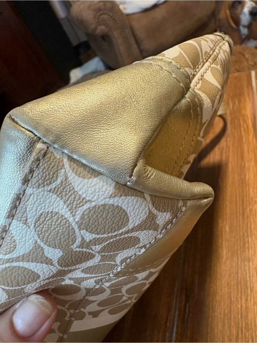 Coach Beige Signature Tote with Metallic Silver Trim